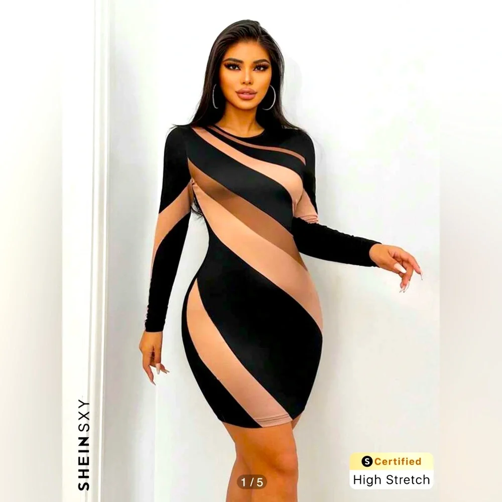 NWT SHEIN Black and Tan‎ Striped Dress